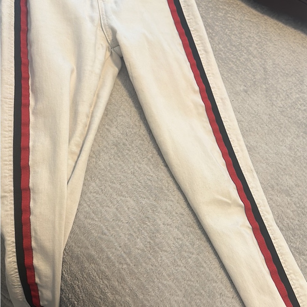 Zara white denim with black and red strip on side pant